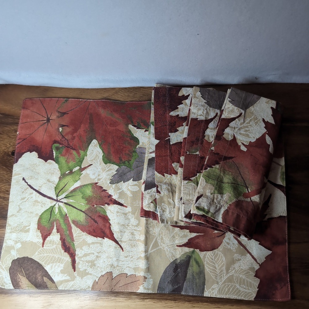 Pottery Barn Fall Leaf Placemat Napkins Set 3 Linen Cotton Autumn Harvest Dining